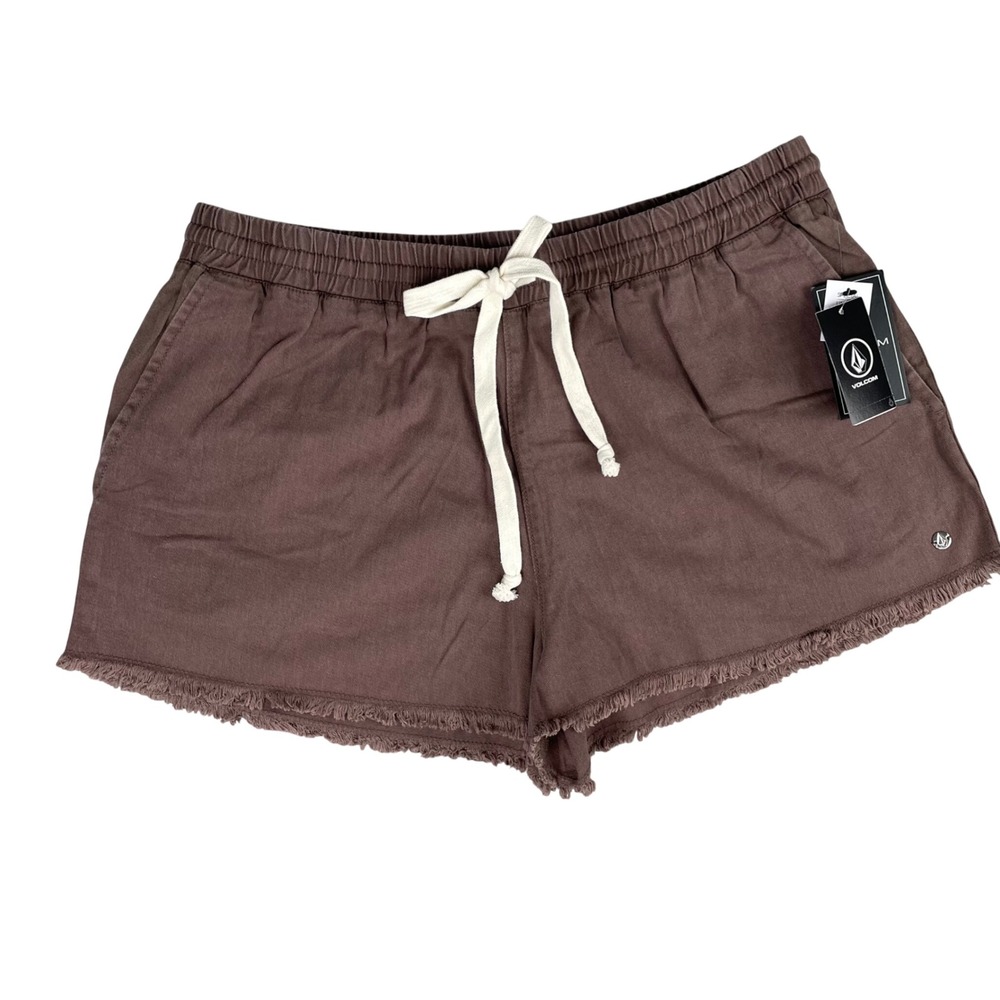 Volcom Women's Frayed Hem Drawstring Shorts in Brown
